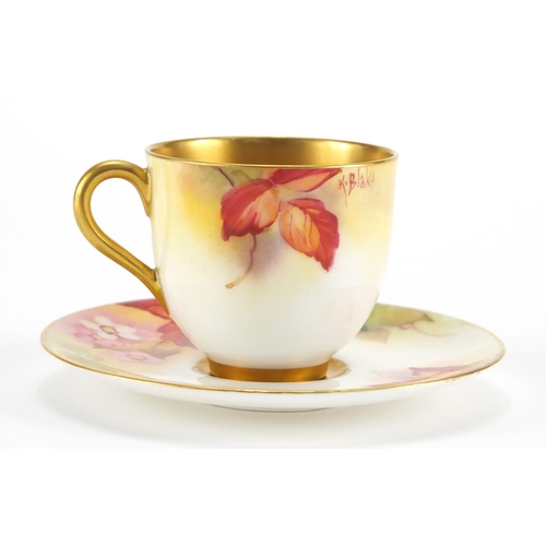 801 - Royal Worcester porcelain cup and saucer, hand painted with berries and flowers by Kitty Blake, the ... 