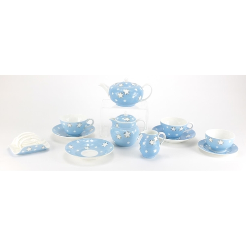 976 - Wedgwood breakfast set, decorated with stars onto a light blue ground, each with factory marks to th... 