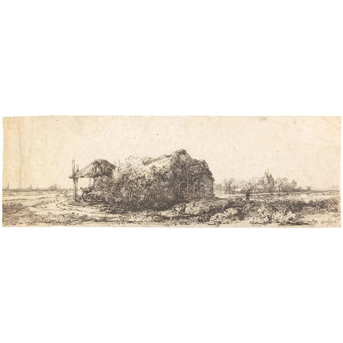 1521 - After Rembrandt - Landscape with figure, 18th century etching, unframed, 32cm x 10.5cm