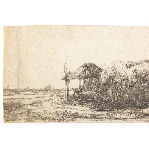 1521 - After Rembrandt - Landscape with figure, 18th century etching, unframed, 32cm x 10.5cm