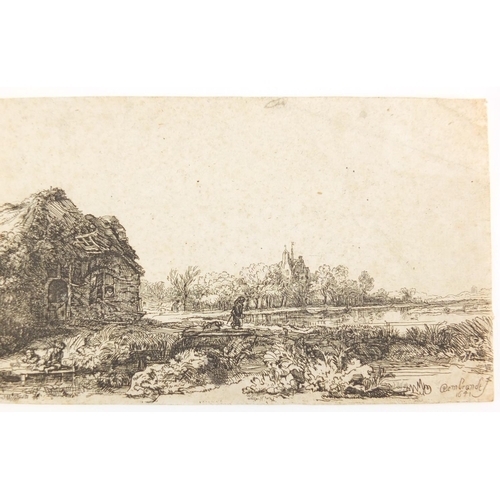 1521 - After Rembrandt - Landscape with figure, 18th century etching, unframed, 32cm x 10.5cm