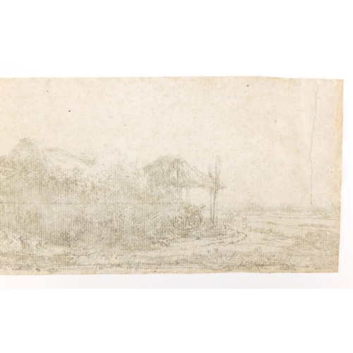 1521 - After Rembrandt - Landscape with figure, 18th century etching, unframed, 32cm x 10.5cm