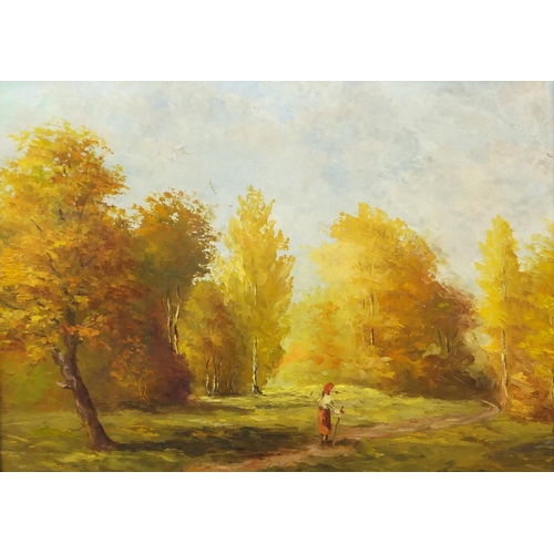 1308 - Figure before woodland, Russian school oil on board bearing a signature S Zukowski, mounted and fram... 