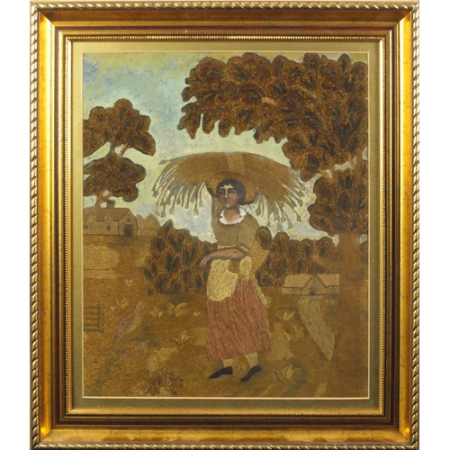 29 - Georgian silk wool work embroidery depicting a female carrying wheat before buildings, mounted and f... 