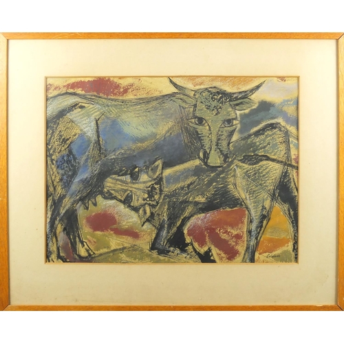 1488 - Cow and calf, mixed media on paper, bearing a signature Caleborn and label verso, mounted and framed... 