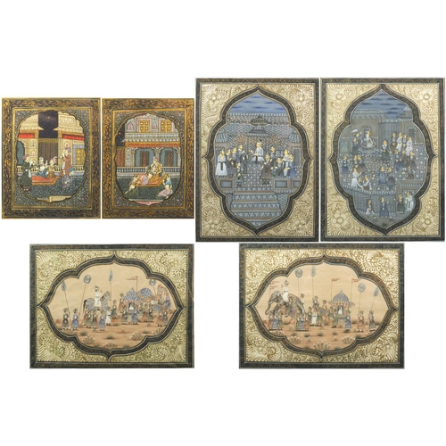 1480 - Three pairs of Indian Mughal gouache's on silk, depicting processions and figures praying, each moun... 