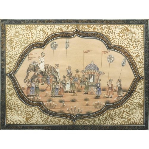 1480 - Three pairs of Indian Mughal gouache's on silk, depicting processions and figures praying, each moun... 