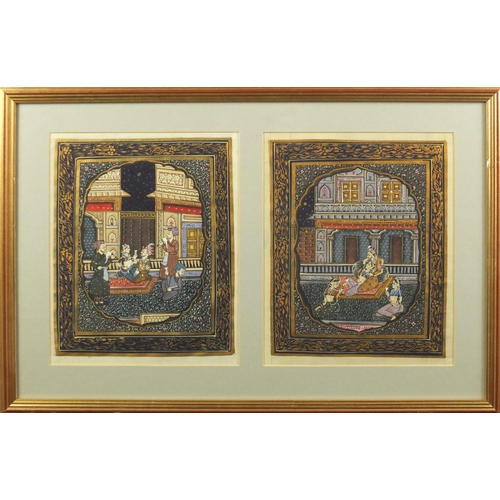 1480 - Three pairs of Indian Mughal gouache's on silk, depicting processions and figures praying, each moun... 