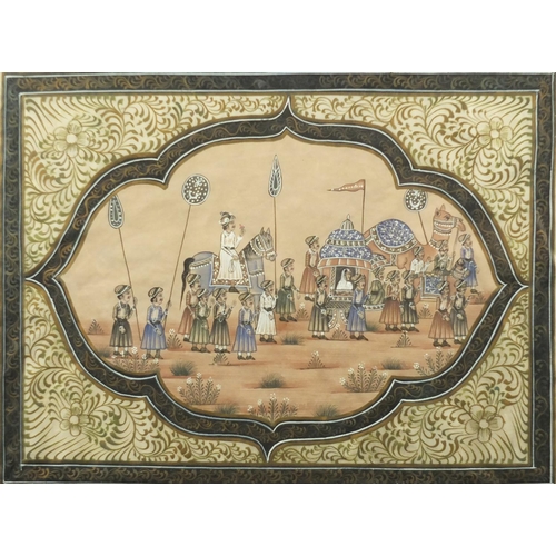 1480 - Three pairs of Indian Mughal gouache's on silk, depicting processions and figures praying, each moun... 