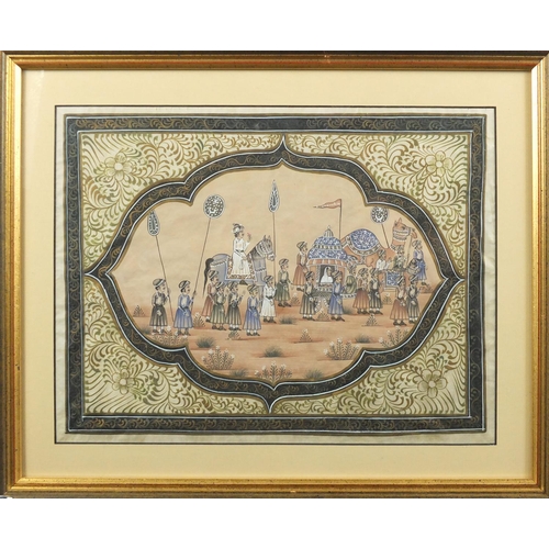 1480 - Three pairs of Indian Mughal gouache's on silk, depicting processions and figures praying, each moun... 