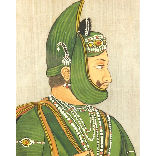 1460 - Two Mughal princes, near pair of Indian gouache's on silk, each framed, the largest 69cm x 49cm