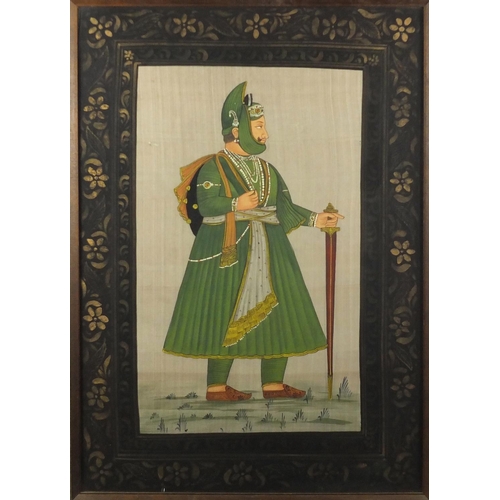 1460 - Two Mughal princes, near pair of Indian gouache's on silk, each framed, the largest 69cm x 49cm