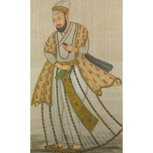 1460 - Two Mughal princes, near pair of Indian gouache's on silk, each framed, the largest 69cm x 49cm