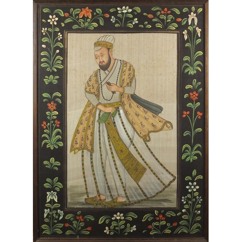 1460 - Two Mughal princes, near pair of Indian gouache's on silk, each framed, the largest 69cm x 49cm