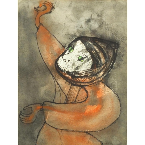 1492 - Portrait of an abstract figure, ink and watercolour, mounted and framed, 21cm x 16cm