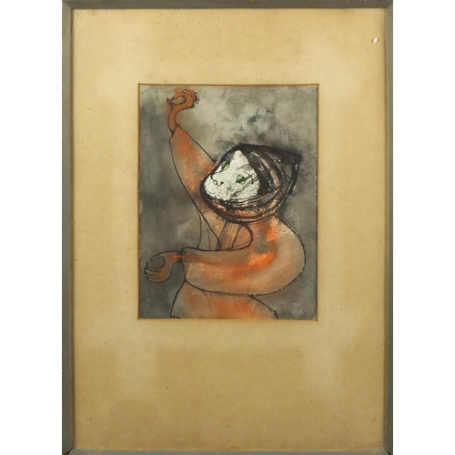 1492 - Portrait of an abstract figure, ink and watercolour, mounted and framed, 21cm x 16cm