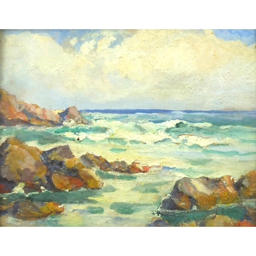 1297 - Coastal scene, Canadian school oil on card, unsigned, Dominion Gallery stamp verso, mounted and fram... 