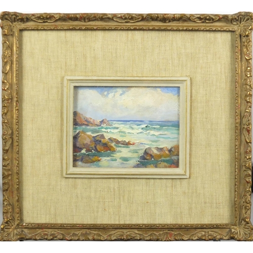 1297 - Coastal scene, Canadian school oil on card, unsigned, Dominion Gallery stamp verso, mounted and fram... 