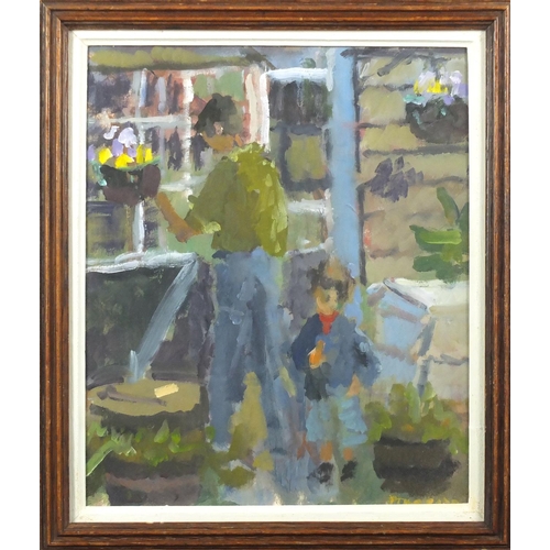 1470 - Prue Sapp - In the Greenhouse, oil on board, inscribed label verso, mounted and framed, 24.5cm x 20.... 