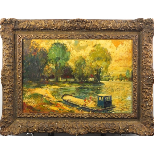 1469 - River scene with figures in a boat, impressionist oil on board, bearing a signature possibly Collom ... 