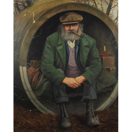 1504 - Edward MacKenzie ''Diogenes'' in his barrel at Chelston Tip, oil on canvas, inscribed verso, unframe... 