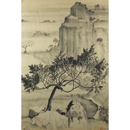 730 - Chinese ink and watercolour, depicting a river landscape, with seal marks, framed, 76.5cm x 52.5cm