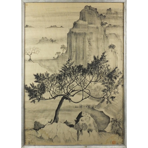 730 - Chinese ink and watercolour, depicting a river landscape, with seal marks, framed, 76.5cm x 52.5cm