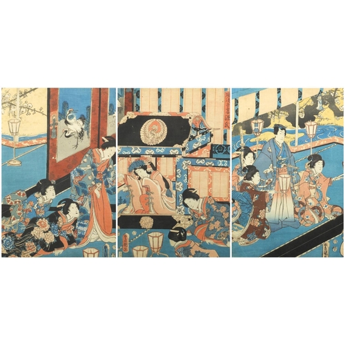 735 - 19th century Japanese woodblock triptych, depicting Geisha's, with character marks, each mounted and... 