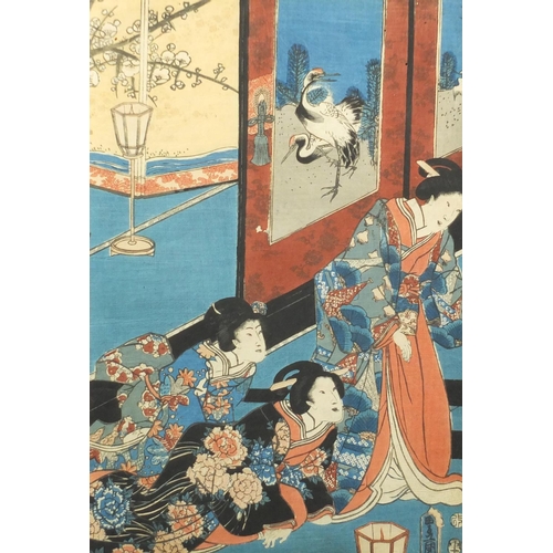 735 - 19th century Japanese woodblock triptych, depicting Geisha's, with character marks, each mounted and... 