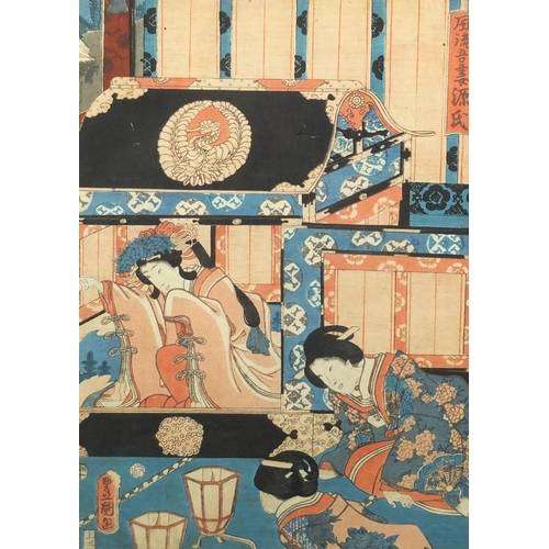 735 - 19th century Japanese woodblock triptych, depicting Geisha's, with character marks, each mounted and... 