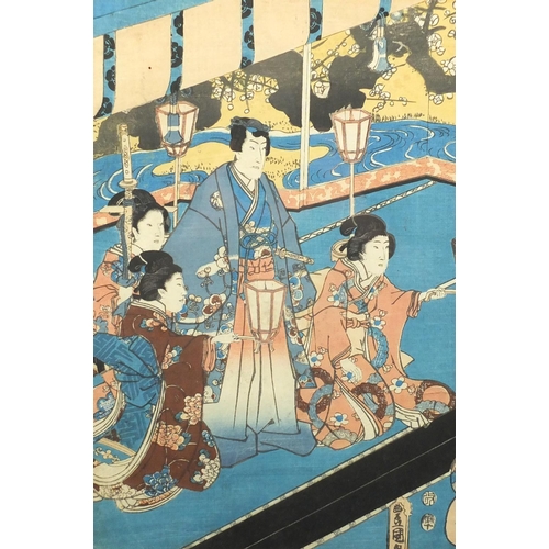 735 - 19th century Japanese woodblock triptych, depicting Geisha's, with character marks, each mounted and... 