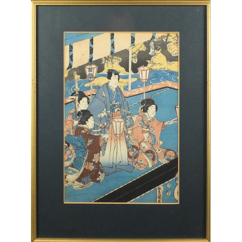 735 - 19th century Japanese woodblock triptych, depicting Geisha's, with character marks, each mounted and... 