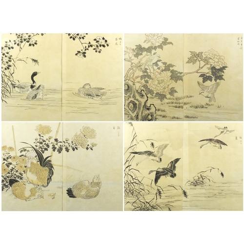 733 - Four 19th century Japanese woodblock diptychs, depicting chickens, ducks and birds amongst foliage, ... 