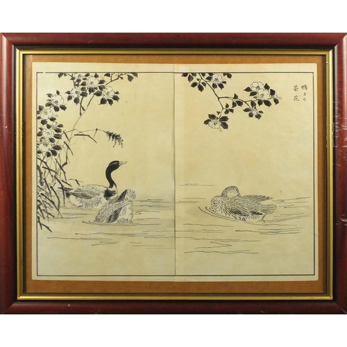 733 - Four 19th century Japanese woodblock diptychs, depicting chickens, ducks and birds amongst foliage, ... 