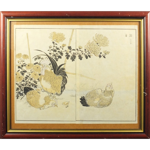 733 - Four 19th century Japanese woodblock diptychs, depicting chickens, ducks and birds amongst foliage, ... 