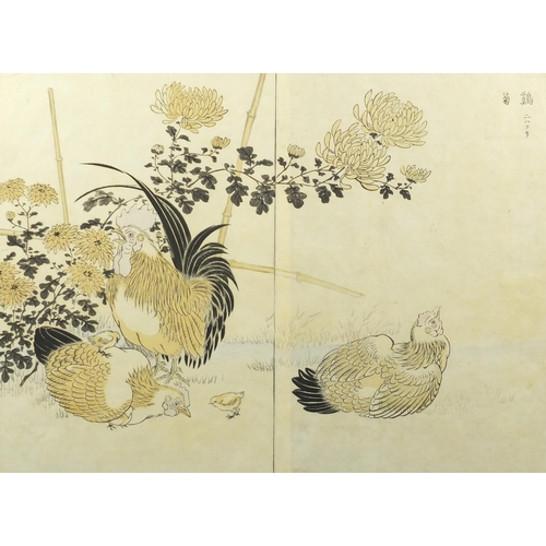 733 - Four 19th century Japanese woodblock diptychs, depicting chickens, ducks and birds amongst foliage, ... 