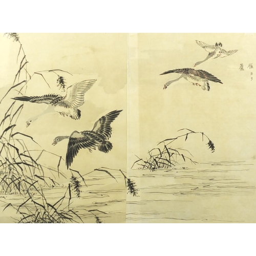 733 - Four 19th century Japanese woodblock diptychs, depicting chickens, ducks and birds amongst foliage, ... 