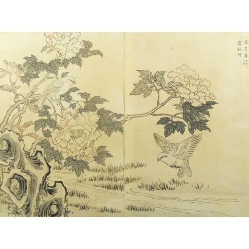 733 - Four 19th century Japanese woodblock diptychs, depicting chickens, ducks and birds amongst foliage, ... 