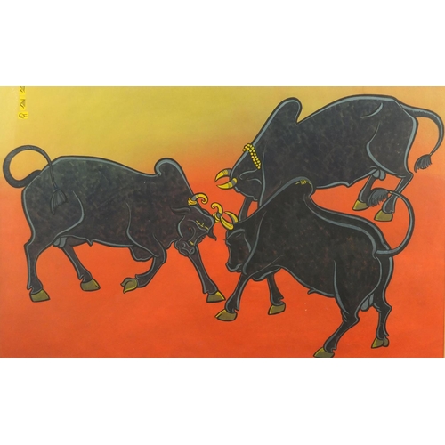 1475 - Three Indian bulls, watercolour and gouache, bearing a signature, mounted and framed, 62cm x 38cm