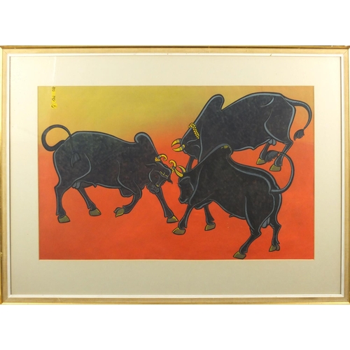 1475 - Three Indian bulls, watercolour and gouache, bearing a signature, mounted and framed, 62cm x 38cm