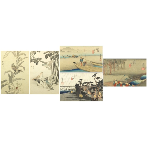 734 - Five 19th century and later Japanese woodblock prints, including a diptych depicting birds and two a... 