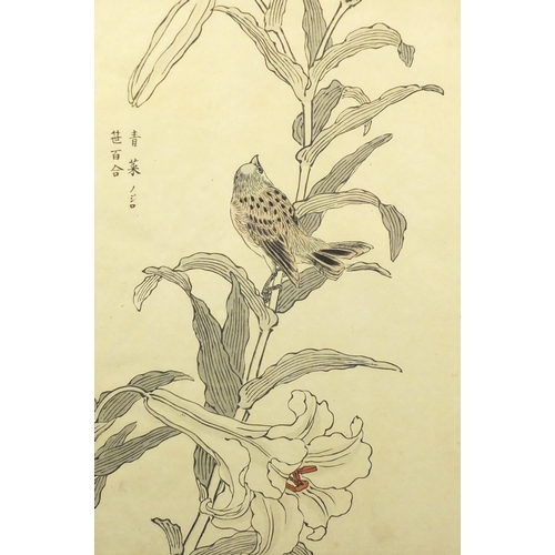 734 - Five 19th century and later Japanese woodblock prints, including a diptych depicting birds and two a... 