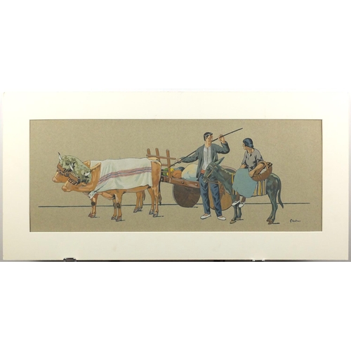 1293 - Louis Floutier - Farmers going to market, watercolour stencil on card, mounted unframed, 59.5cm x 22... 