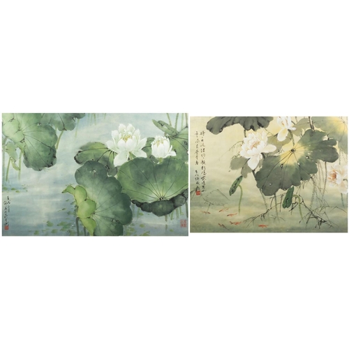 729 - Pair of Chinese watercolours, each depicting lily's, both with character marks and red seal marks, f... 