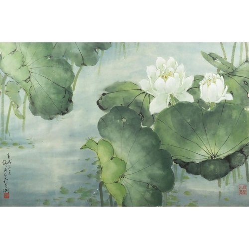 729 - Pair of Chinese watercolours, each depicting lily's, both with character marks and red seal marks, f... 