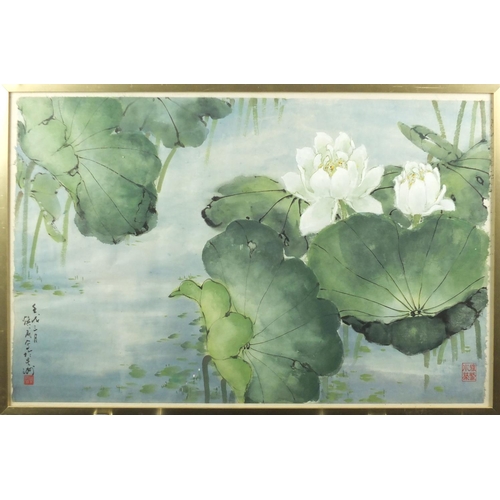 729 - Pair of Chinese watercolours, each depicting lily's, both with character marks and red seal marks, f... 