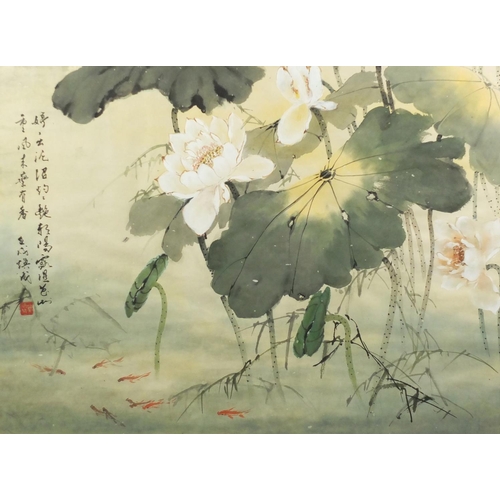 729 - Pair of Chinese watercolours, each depicting lily's, both with character marks and red seal marks, f... 