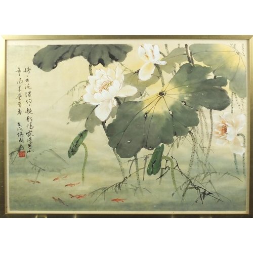 729 - Pair of Chinese watercolours, each depicting lily's, both with character marks and red seal marks, f... 