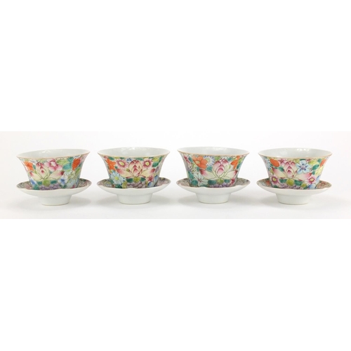 580 - Set of four Chinese porcelain one thousand flower rice bowls with saucers, each hand painted in the ... 