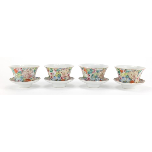 580 - Set of four Chinese porcelain one thousand flower rice bowls with saucers, each hand painted in the ... 